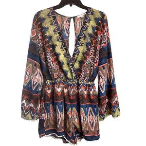 Illa Illa Women Romper Southwest Patterned Crochet Trim Bell Sleeve Brown Large